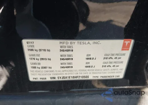 2017 Tesla Model S 60/75 z USA, uszkodzony, nr VIN 5YJSA1E18HF210565